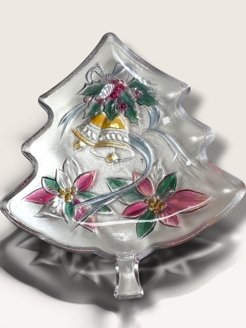 Christmas Tree-Shaped Glass Serving Dish With Hand-Painted Bells & Poinsettias H